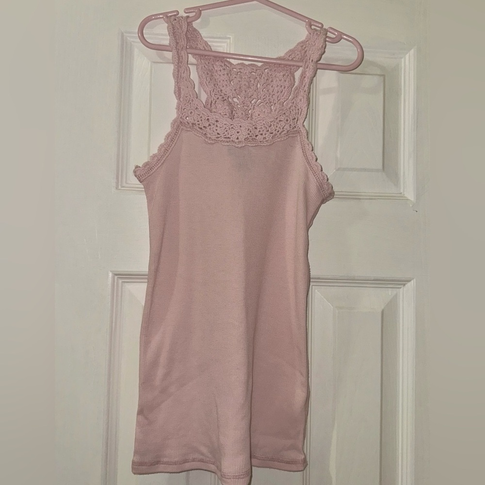 GAP Girls Size 10 Pink Ribbed Crochet Lace Racerback Tank Top
